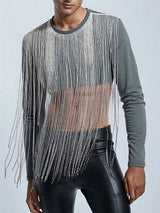 Men's Silver Tassel Patchwork Cropped Long Sleeve T-Shirt SKUL23924