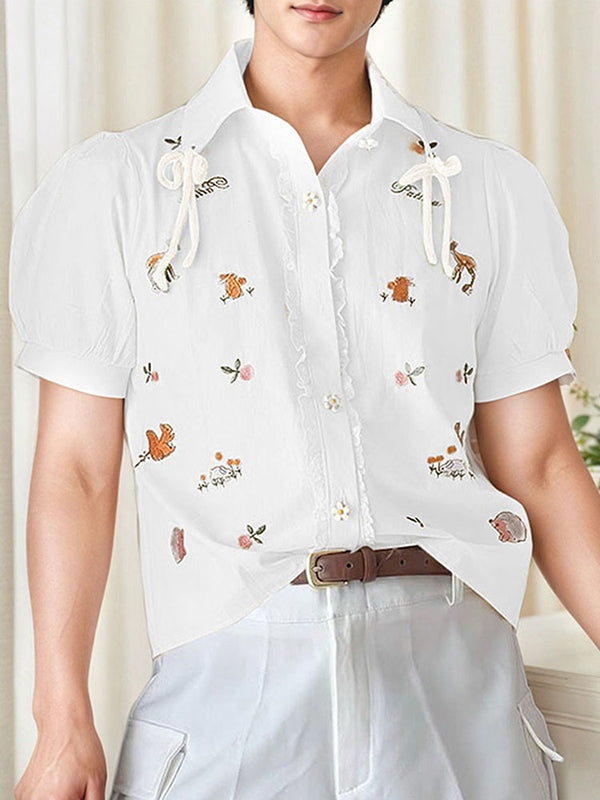 Mens Floral Print Bow Tie Short-Sleeve Shirt SKUK99748