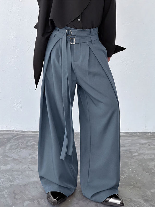 Men's Avant-Garde Double D-Ring Strap Pleated Maxi Wide-Leg Pant SKUL71389