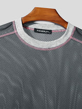 Men's Mesh Hollow Out Color Block Long Sleeve T-Shirt SKUL33866