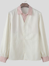 Men's Striped Color Block Cinched Waist Long Sleeve Shirt SKUL41383