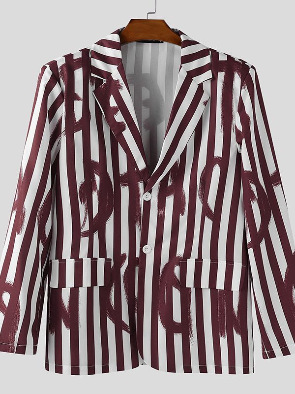 Men's Colorblock Letter Print Striped Long Sleeve Blazer SKUL28382