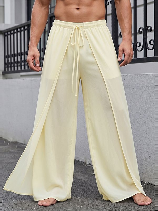 Men's Bohemian Beach Chiffon Asymmetric Split Overlap Wide Leg Pant SKUL70256
