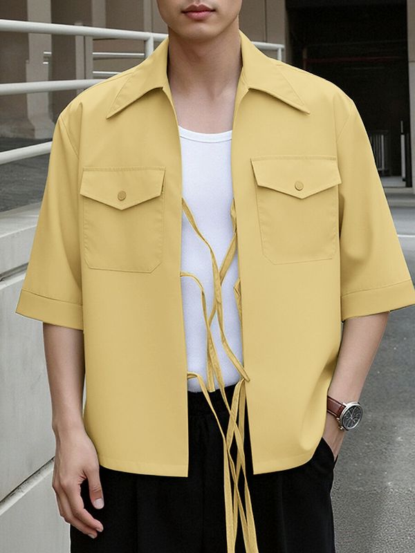 Men's Tie Patchwork Pocket Short Sleeve Shirt SKUL41241