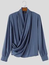 Men's Retro Criss Cross Wrap Front Ruched Drape Long Sleeve Plunging V-Neck T-shirt SKUL82418