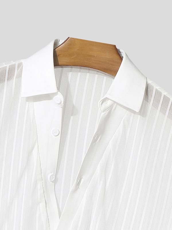 Men's Sheer Mesh Striped V Neck Long Sleeve Shirt SKUL53963