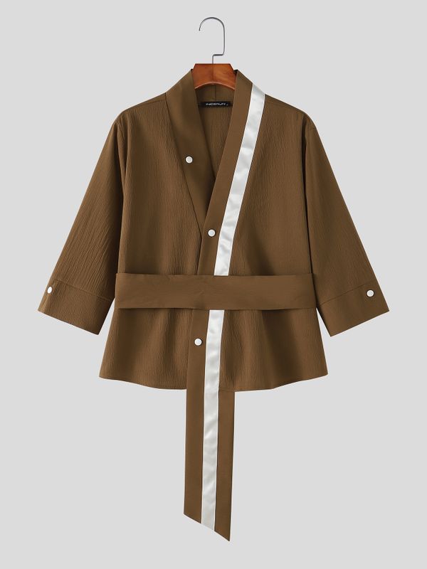 Men's Avant-Garde Asian Fusion Cross Collar Contrast Trim Belted Wrap Shirt SKUL76544