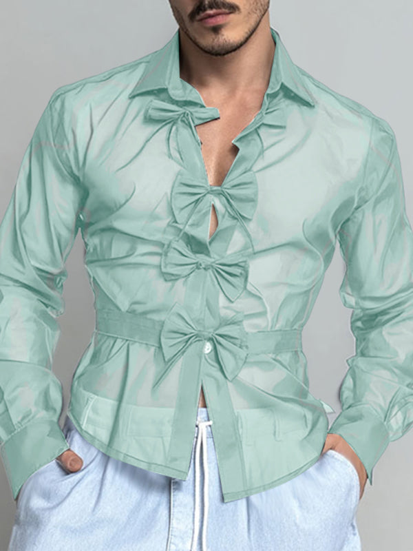 Men's Bow Patchwork Sheer Long Sleeve Shirt SKUL25105
