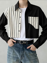 Men's Stripe Patchwork Contrast Color Cropped Short Sleeve Shirt SKUL41292