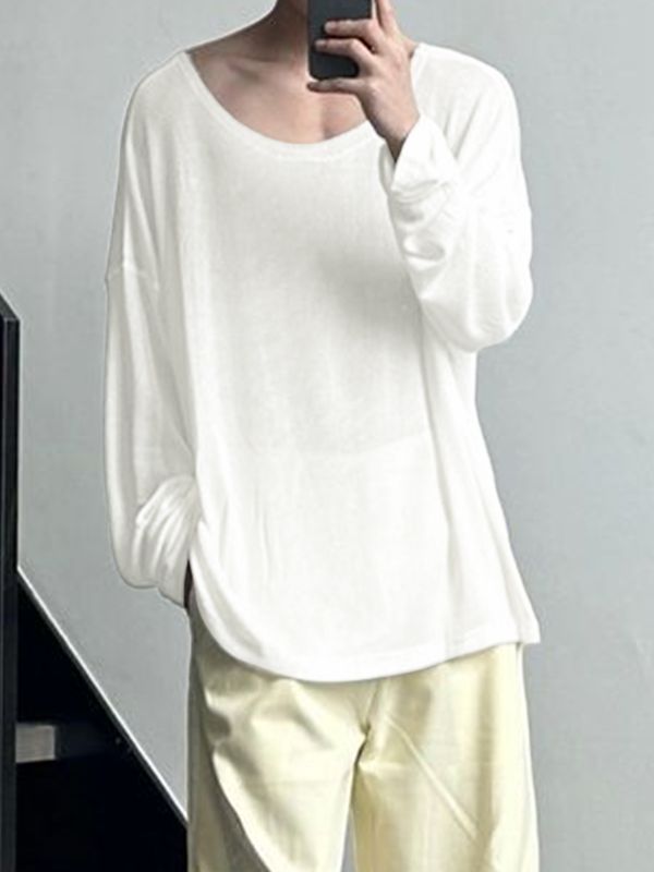 Men's Minimalist Harajuku Sheer Knit Scoop Neck Long Sleeve T-shirt SKUL70245