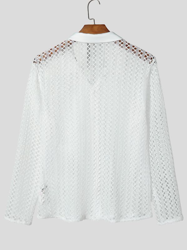 Men's Beach Resort Open Knit Mesh Sheer Long Sleeve Button Down Polo Shirt SKUL73669