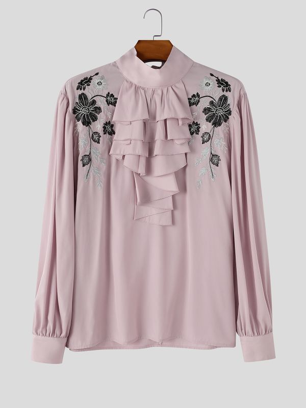 Men's Retro Party Cascading Ruffle Jabot Floral Embroidery Long Sleeve High Neck Shirt SKUL81113