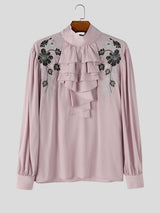 Men's Retro Party Cascading Ruffle Jabot Floral Embroidery Long Sleeve High Neck Shirt SKUL81113