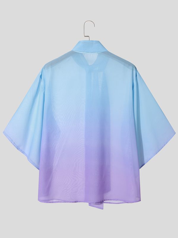 Men's Elegant Romantic Gradient Sheer Tie Neck Wide Sleeve Shirt SKUL66215