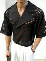 Men's Avant-Garde Sheer Mesh Notched Lapel Cropped Short Sleeve Shirt SKUL55513