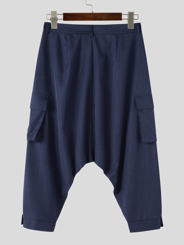 Men's Avant-Garde Deconstructed Stage Runway Drop-Crotch Pleated Slit Hem Harem Pant SKUL86786
