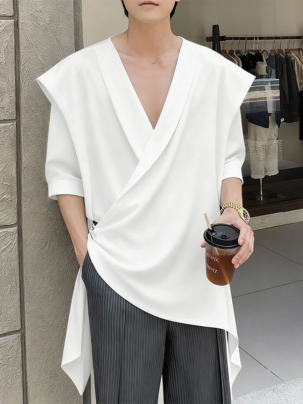 Men's Solid Color Loose Deep V Neck Long Sleeve Shirt SKUL51906