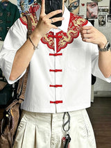 Men's Modern Chinoiserie Dragon Embroidery Frog Button Cuban Collar Short Sleeve Shirt SKUL56078