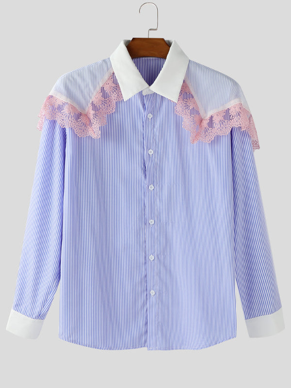 Men's Lace Trim Patchwork Striped Long Sleeve Shirt SKUL22820