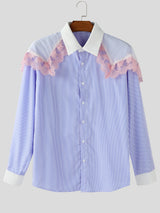 Men's Lace Trim Patchwork Striped Long Sleeve Shirt SKUL22820