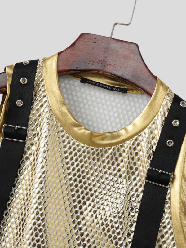 Men's Sexy Avant-Garde Metallic Mesh Suspenders Crop Tank SKUL63029