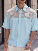 Men's High Street Yuppie Mesh Spliced 3D Flower Turn Down Collar Short Sleeve Shirt SKUL75671
