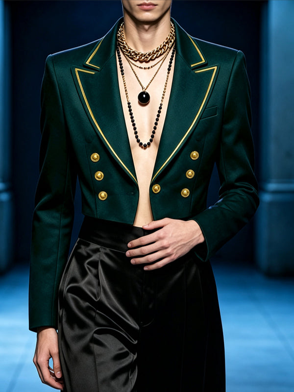 Men's Retro Party Gold Piping Double-Breasted Button Cropped Long Sleeve Blazer SKUL81157