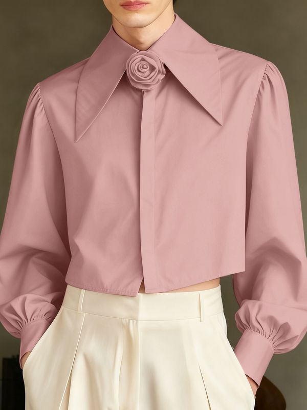 Men's 3D Floral Patchwork Cropped Long Sleeve Shirt SKUL45336