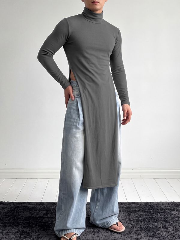 Men's Avant-Garde High Street Ultra High Side Slit Longline Fitted Long Sleeve T-shirt SKUL83123