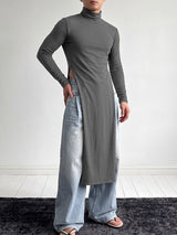 Men's Avant-Garde High Street Ultra High Side Slit Longline Fitted Long Sleeve T-shirt SKUL83123