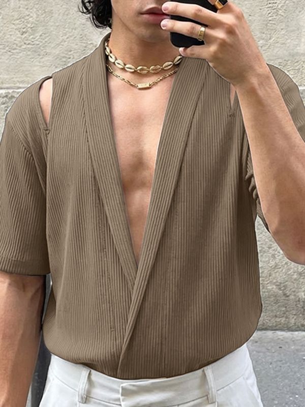 Men's Avant-Garde Ribbed Crossover Deep V-Neck Cold-Shoulder Shirt SKUL56539