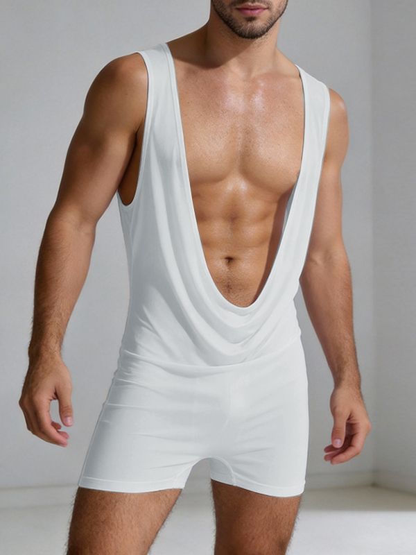 Men's Solid Color Knit Draped Neck Boxer Bodysuit SKUL57719