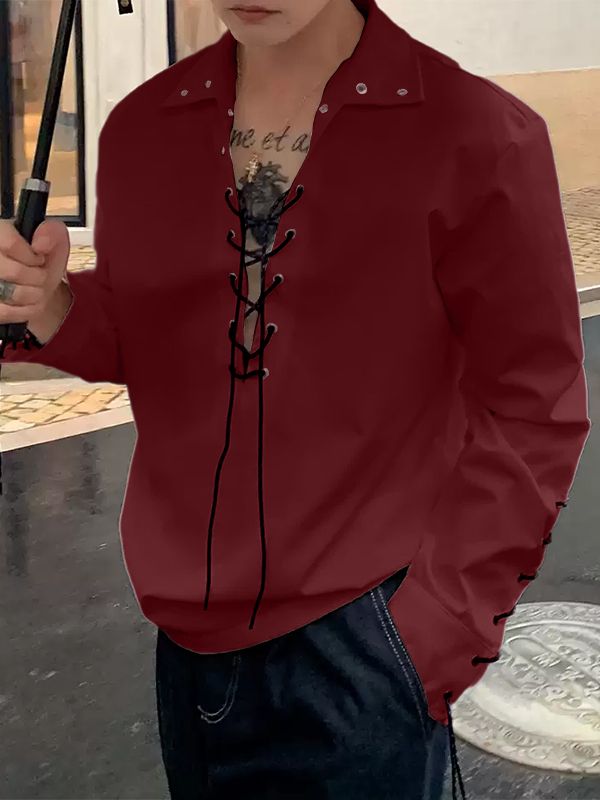 Men's Drawstring Eyelet Long Sleeve Shirt SKUL32839