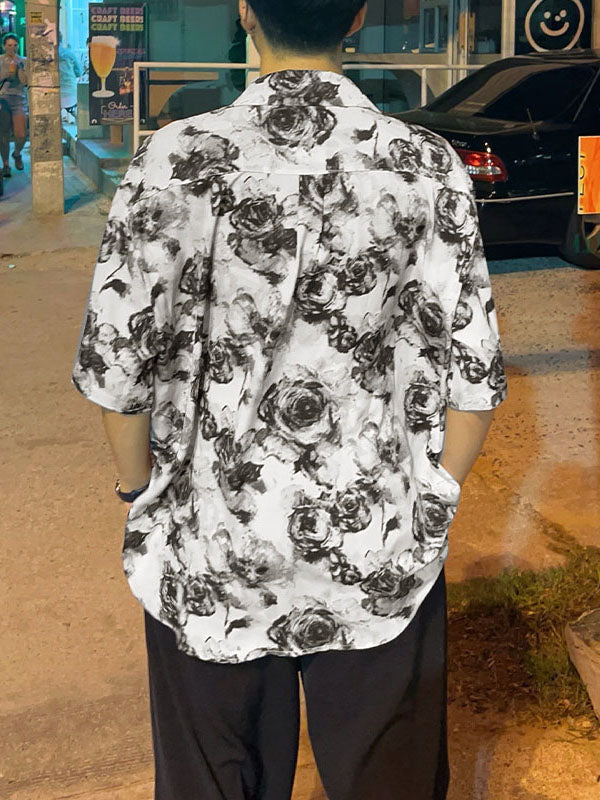 Mens Roses Print Lapel Collar Short Sleeve Shirt SKUK59631