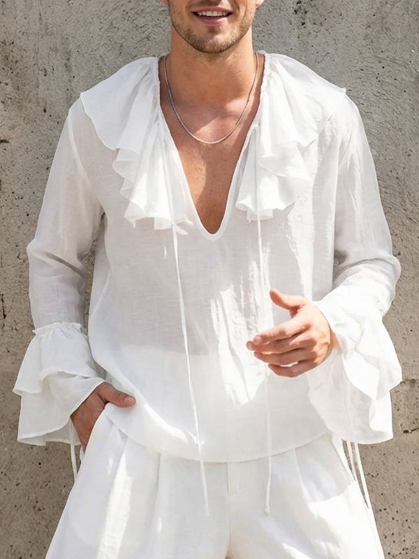 Men's Solid Color Semi Sheer Ruffle Collar Long Sleeve Shirt SKUL52527