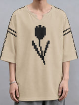 Men's High Street Retro Pixel Art Tulip Graphic Notch Neck Relaxed Knit T-shirt SKUL62117