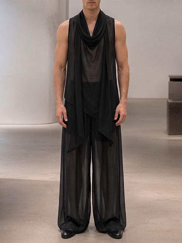 Men's Avant-Garde Party Sheer Draped Cowl Neck Two Pieces Outfit SKUL74507