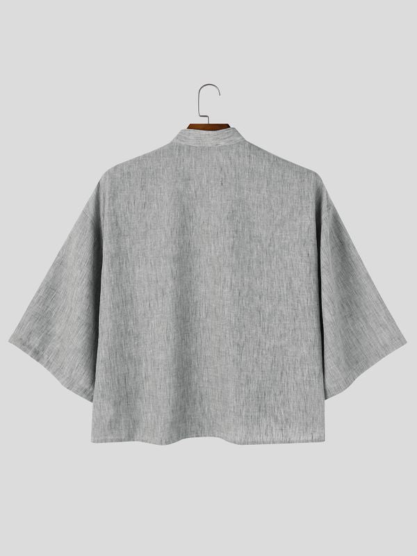 Men's Clean Fit Gallery 3D Floral Applique Chest Pocket Cropped Boxy Half Sleeve Stand Collar Shirt SKUL83946