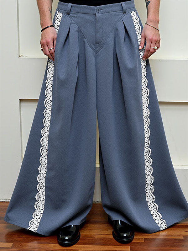 Mens Lace Trim Patchwork Wide-Leg Casual Pant SKUL17919