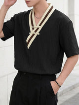 Men's Modern Neo-Chinese Cross V-Neck Frog Button Relaxed Short Sleeve Shirt SKUL60046