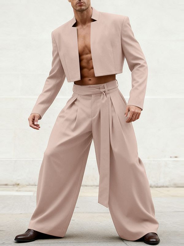 Men's Solid Color Star Collar Cropped Two Pieces Outfit SKUL45355