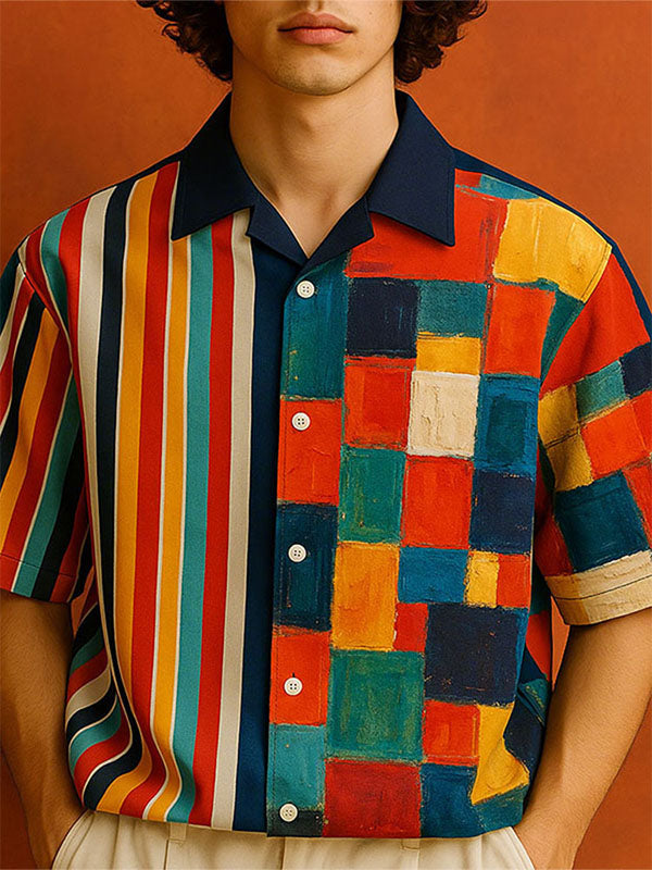 Mens Geometric Colorblock Print Short Sleeve Shirt SKUL12894