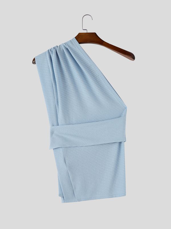 Men's Avant-Garde Asymmetrical One-Shoulder Side Tie-Knot Ribbed Texture Tank SKUL60919