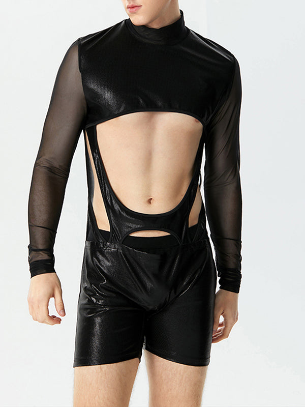 Mens Glitter Patchwork Cutout See Through Bodysuit SKUK39948