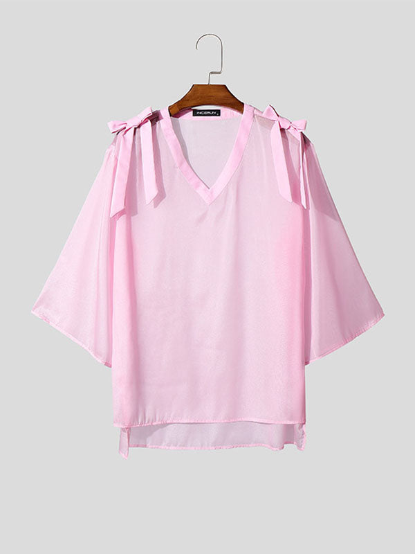 Mens Bowknot Design Sheer Long Sleeve Shirt SKUL09498