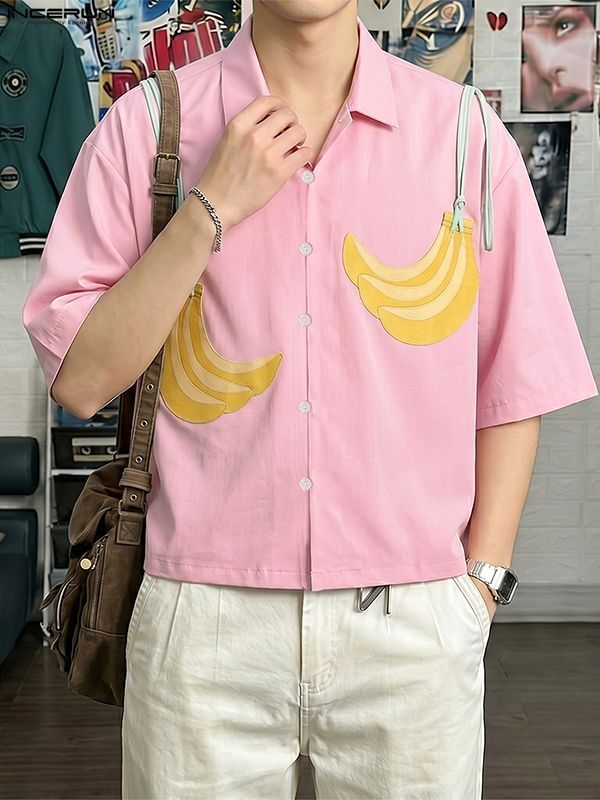 Men's High-Street Playful Banana Print Cuban Collar Short Sleeve Shirt SKUL66051