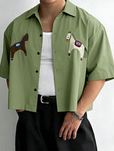 Men's Avant-Garde Horse Print Cropped Boxy Short Sleeve Shirt SKUL54391