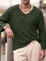 Men's Casual Horizontal Pleated Texture V-Neck Dropped Shoulder Loose Long Sleeve T-shirt SKUL72647