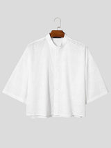 Men's Minimalist Floral Jacquard Stand Collar Cropped Short Sleeve Shirt SKUL75669