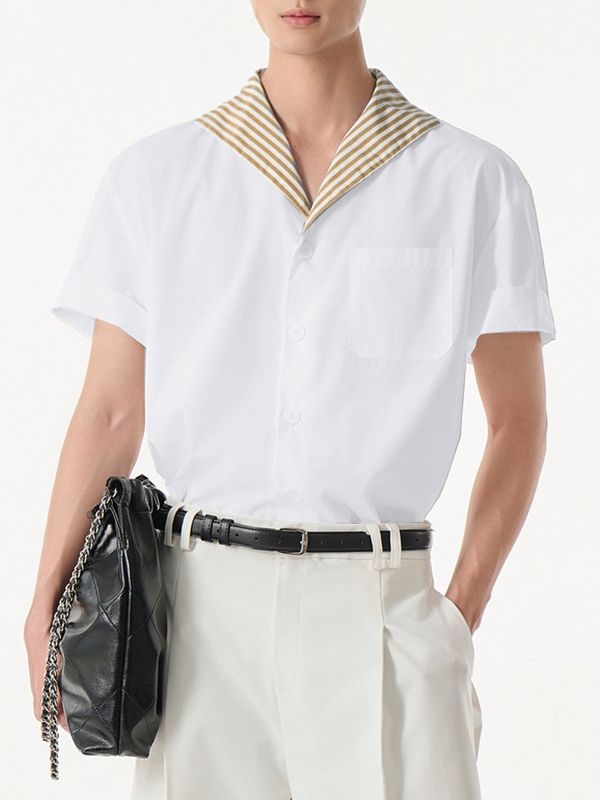 Men's Striped Contrast Collar Short Sleeve Shirt SKUL47936